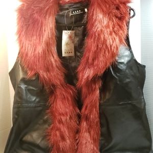 Black Faux Leather Vest with Red Faux Fur